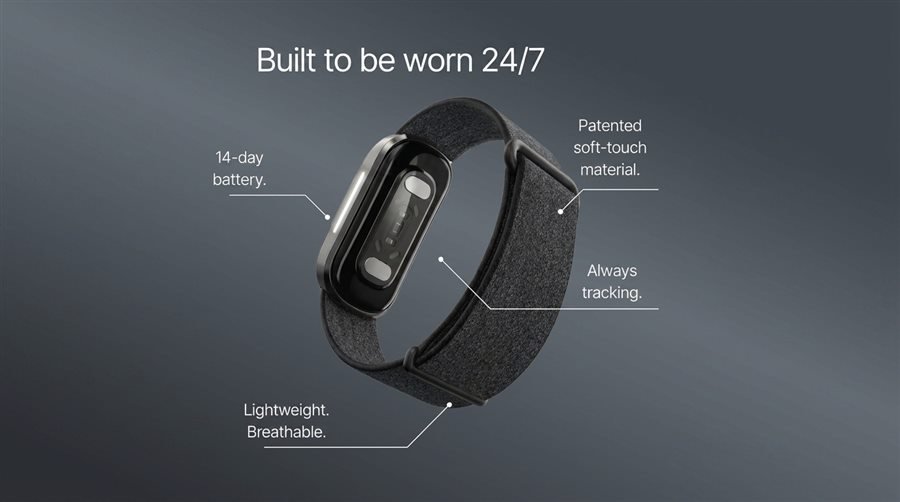 Hume Band worn on the wrist, built for 24/7 tracking with soft-touch material and 14-day battery