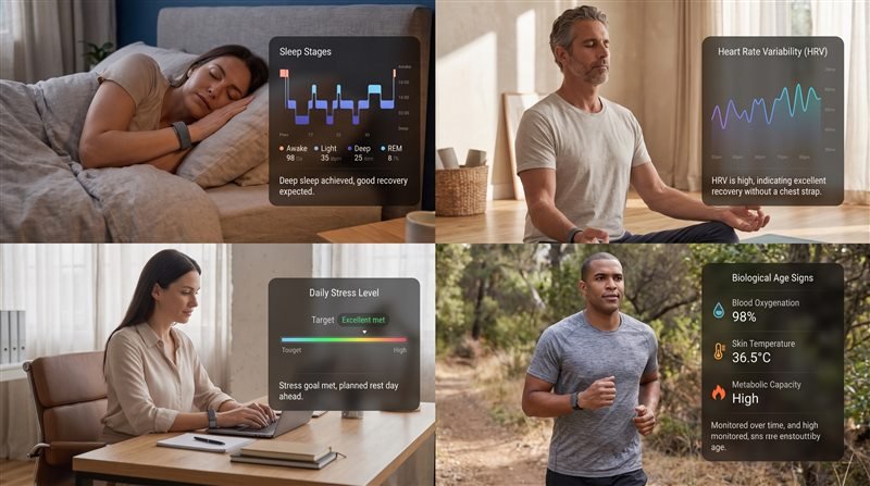 Hume app screens showing sleep stages, heart rate variability, daily stress level and biological age signs