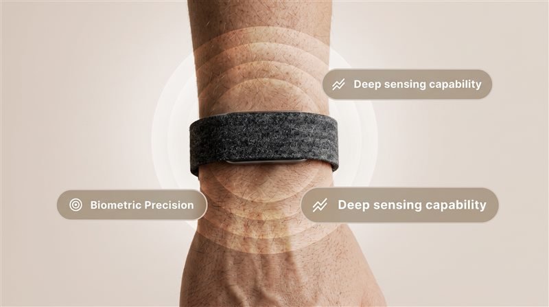 Close-up of Hume Band on the wrist showing deep sensing capability and biometric precision