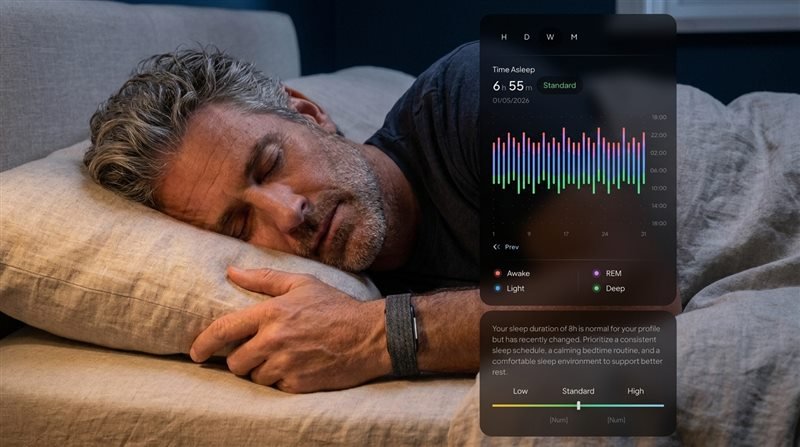 Man sleeping while wearing Hume Band, with sleep stage data shown in the app