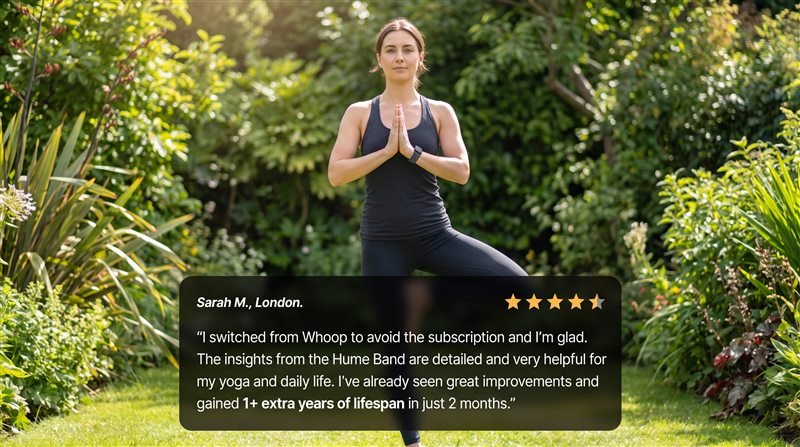 Customer doing yoga while wearing the Hume Band, with a five-star review from Sarah M.