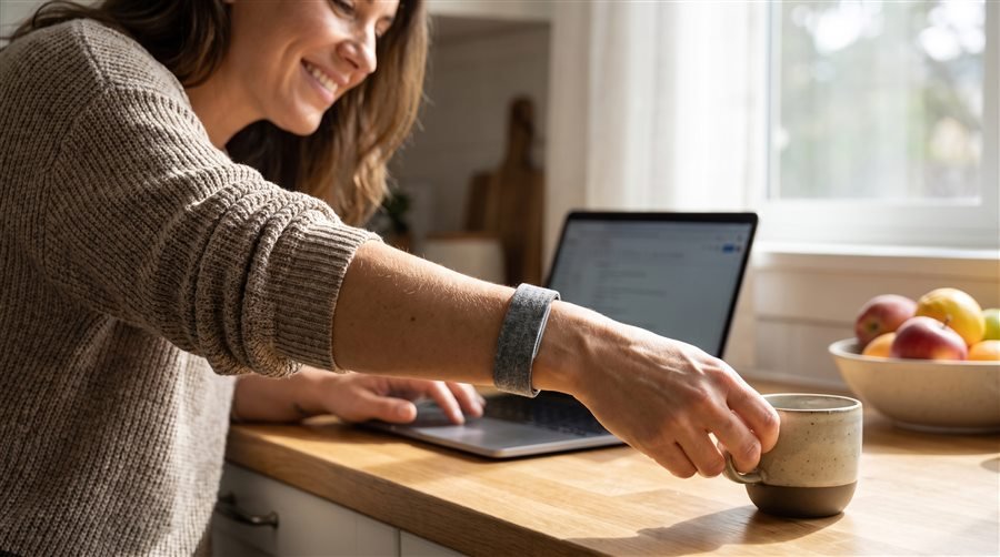 Woman wearing the Hume Band on her wrist while working at home